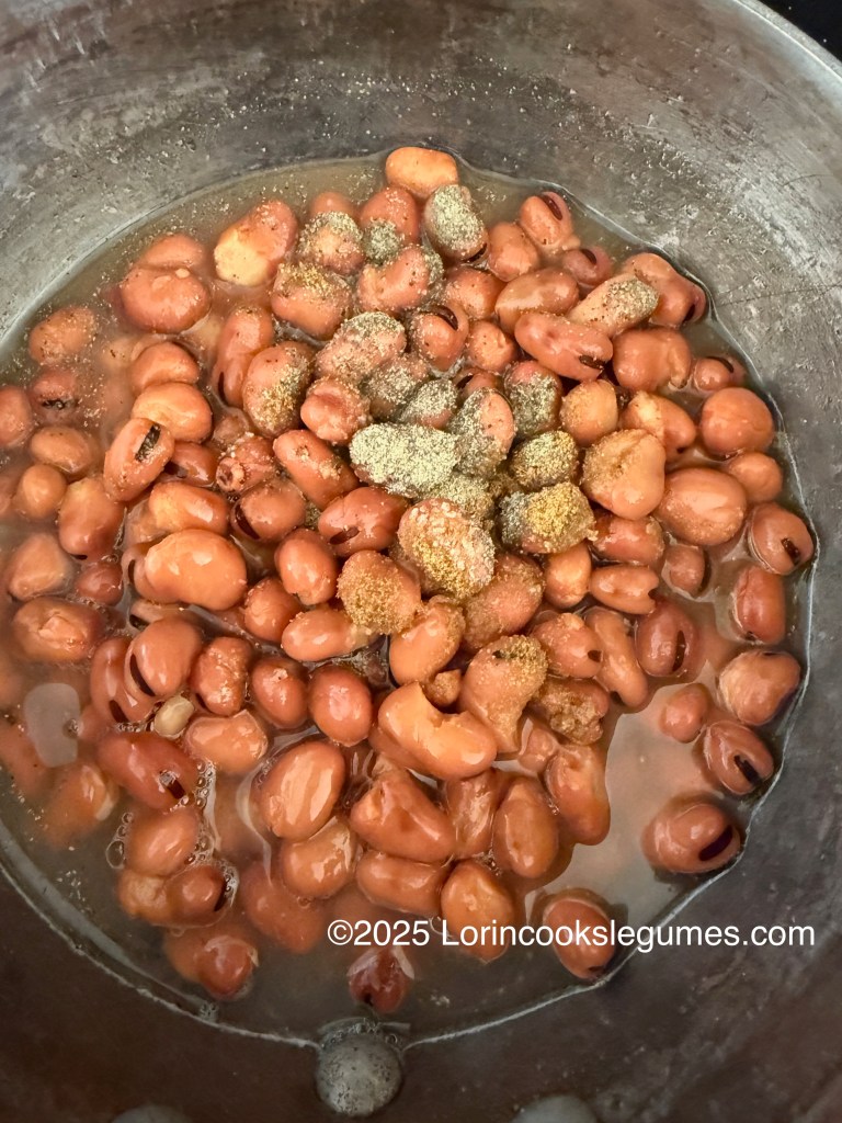A close-up image of cooked fava beans in a pot, seasoned with spices, and partially submerged in water.