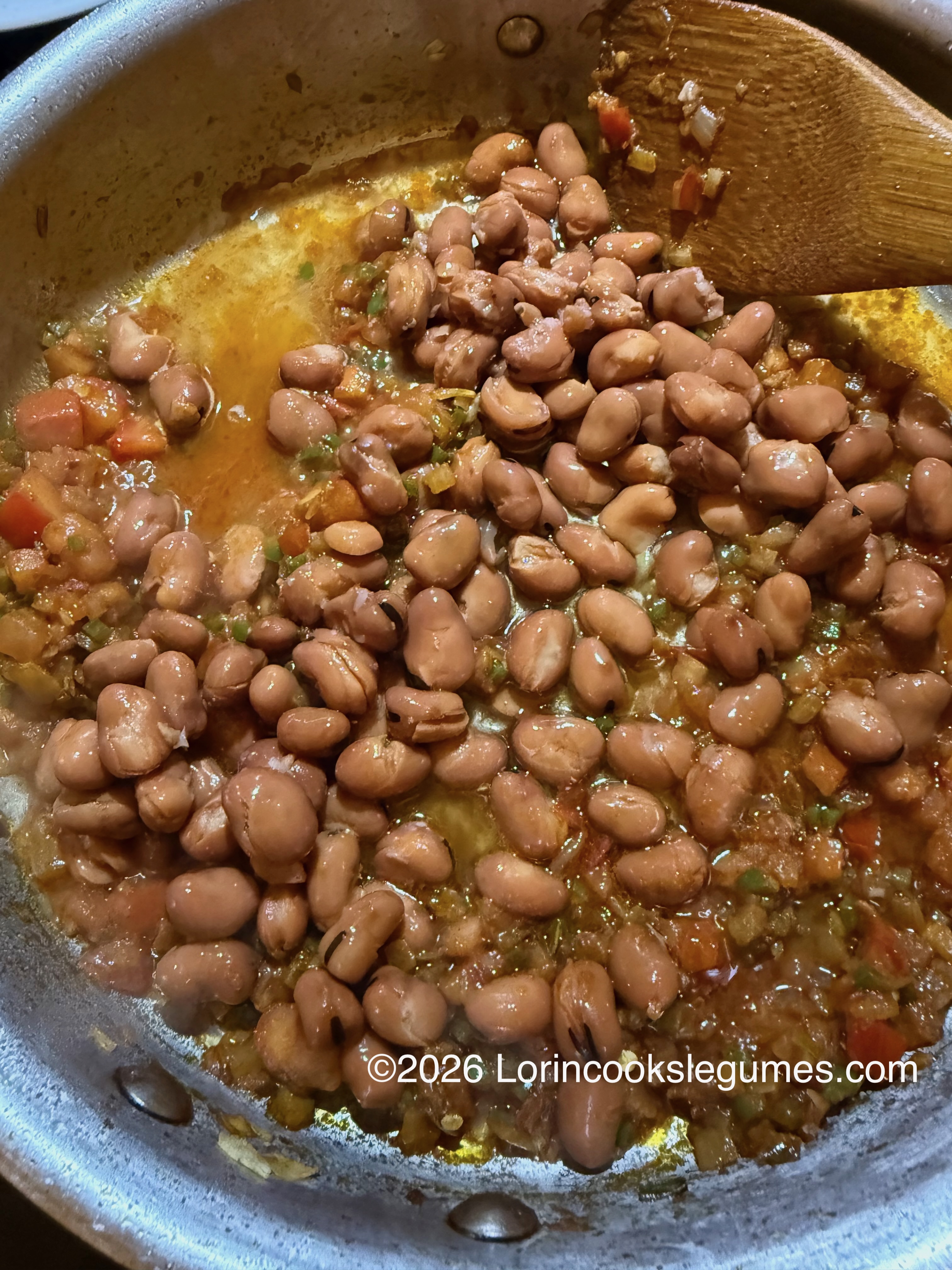 Fava beans cooking in a pan with chopped vegetables and sauce. ©2026 Lorincookslegumes.com