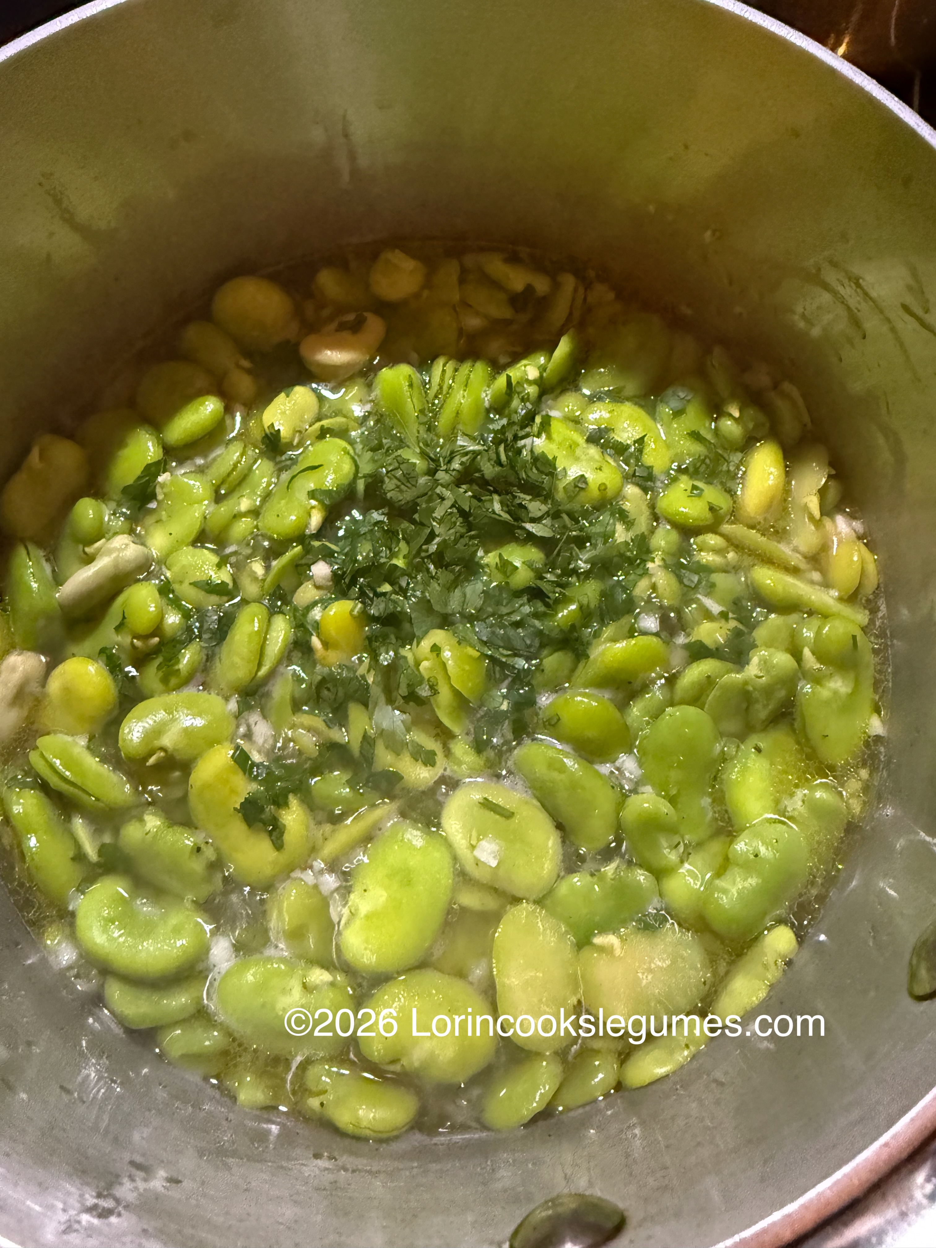 Fava beans cooking in a pot with broth and chopped herbs on top