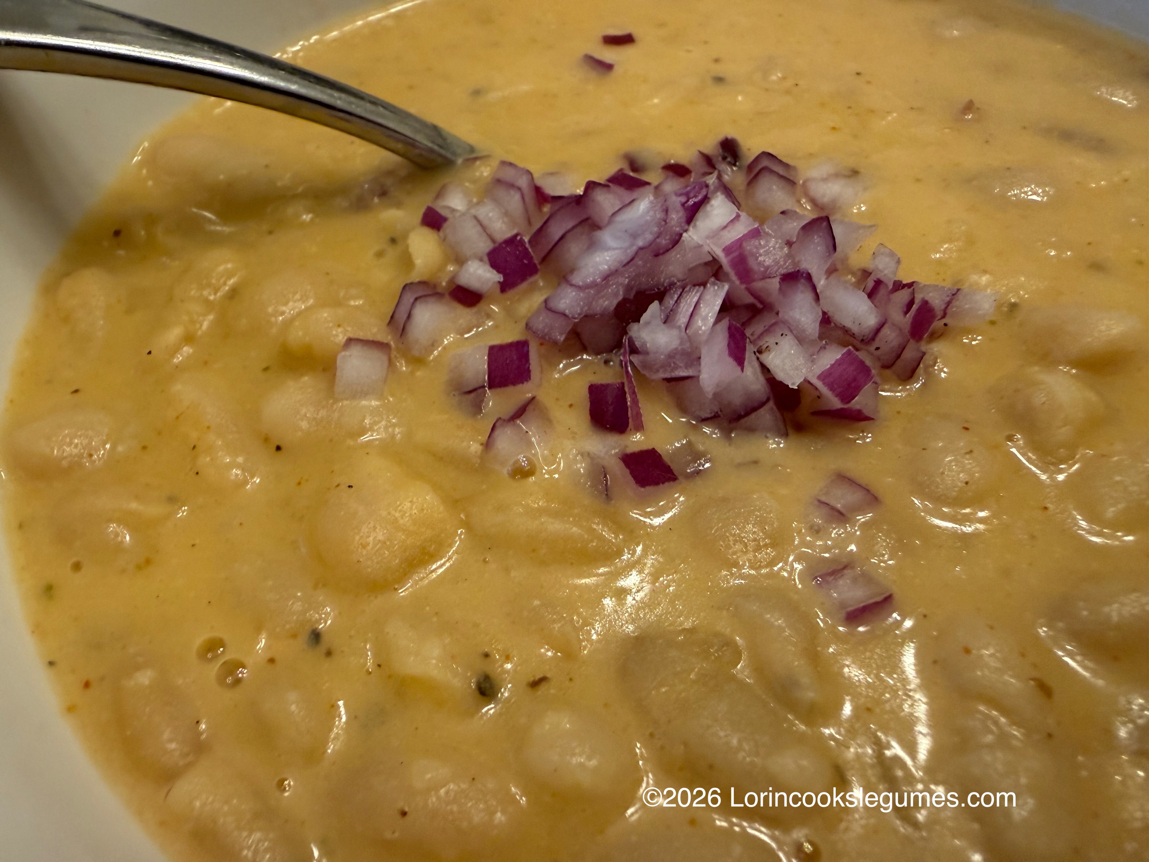 Creamy bean soup topped with diced red onions and a spoon on the side