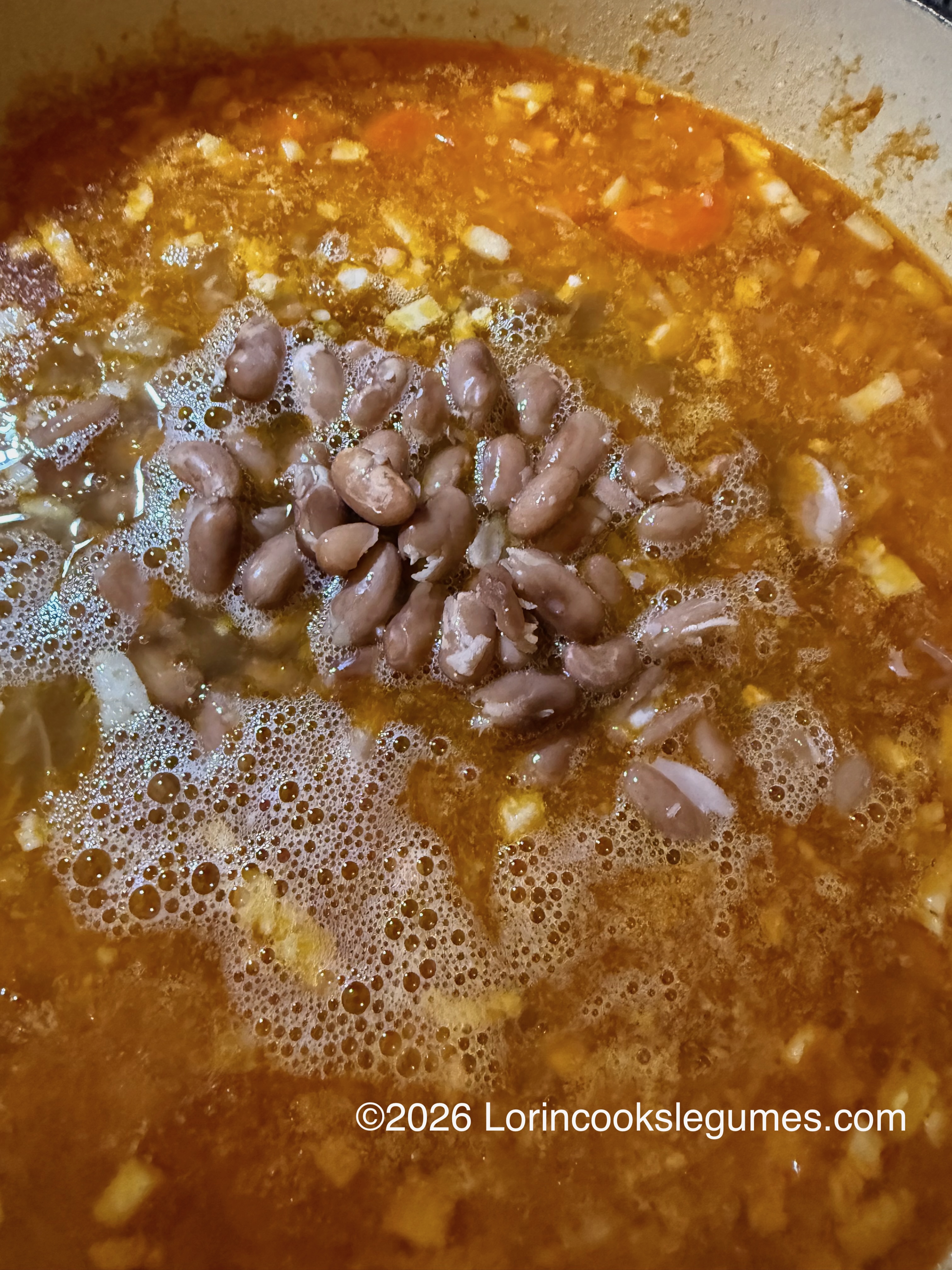 Cooking beans in a seasoned broth with chopped onions and carrots