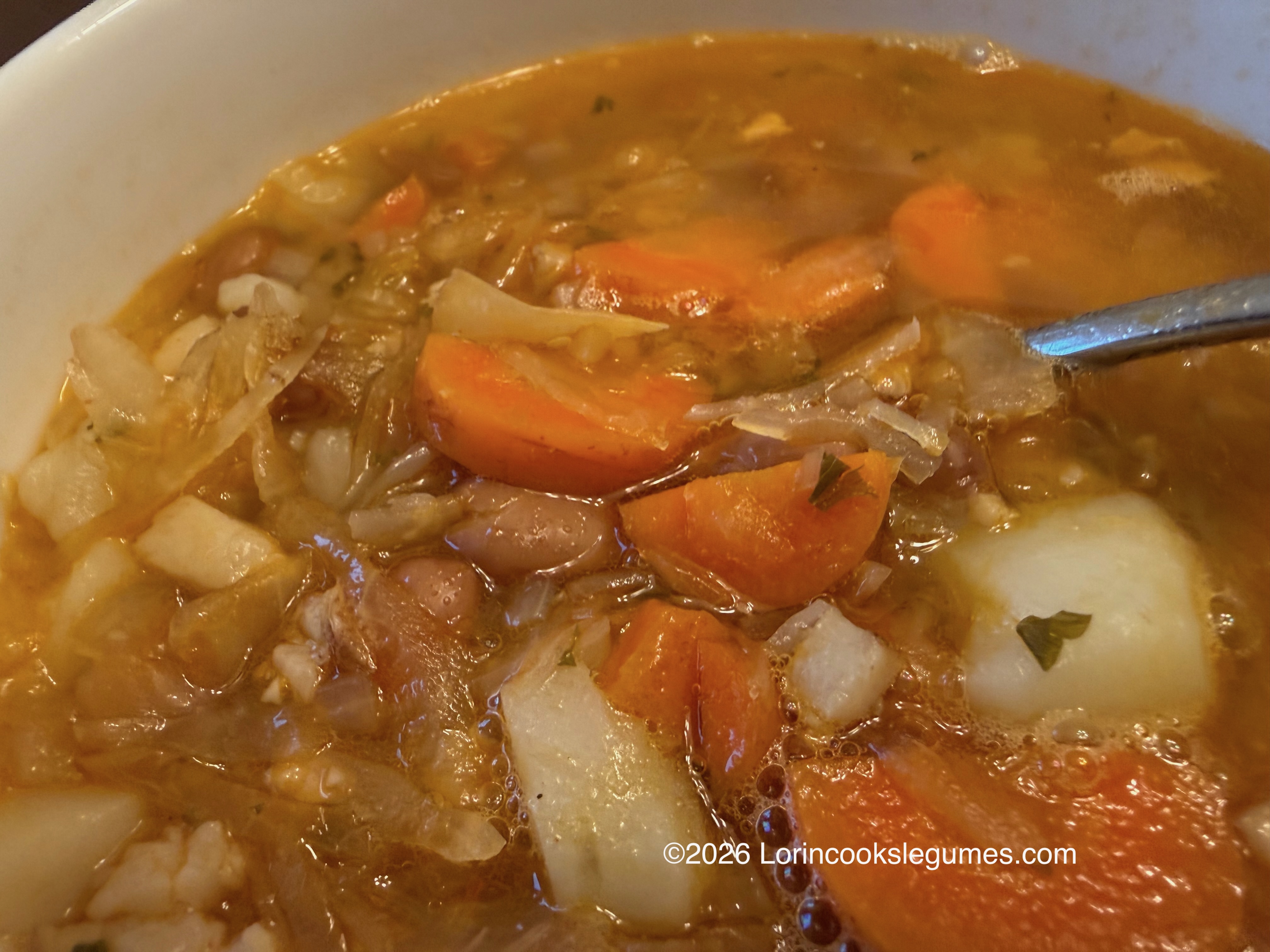 Close-up of bean soup with carrots, beans, sauerkraut, potatoes, and broth in a white bowl with a spoon