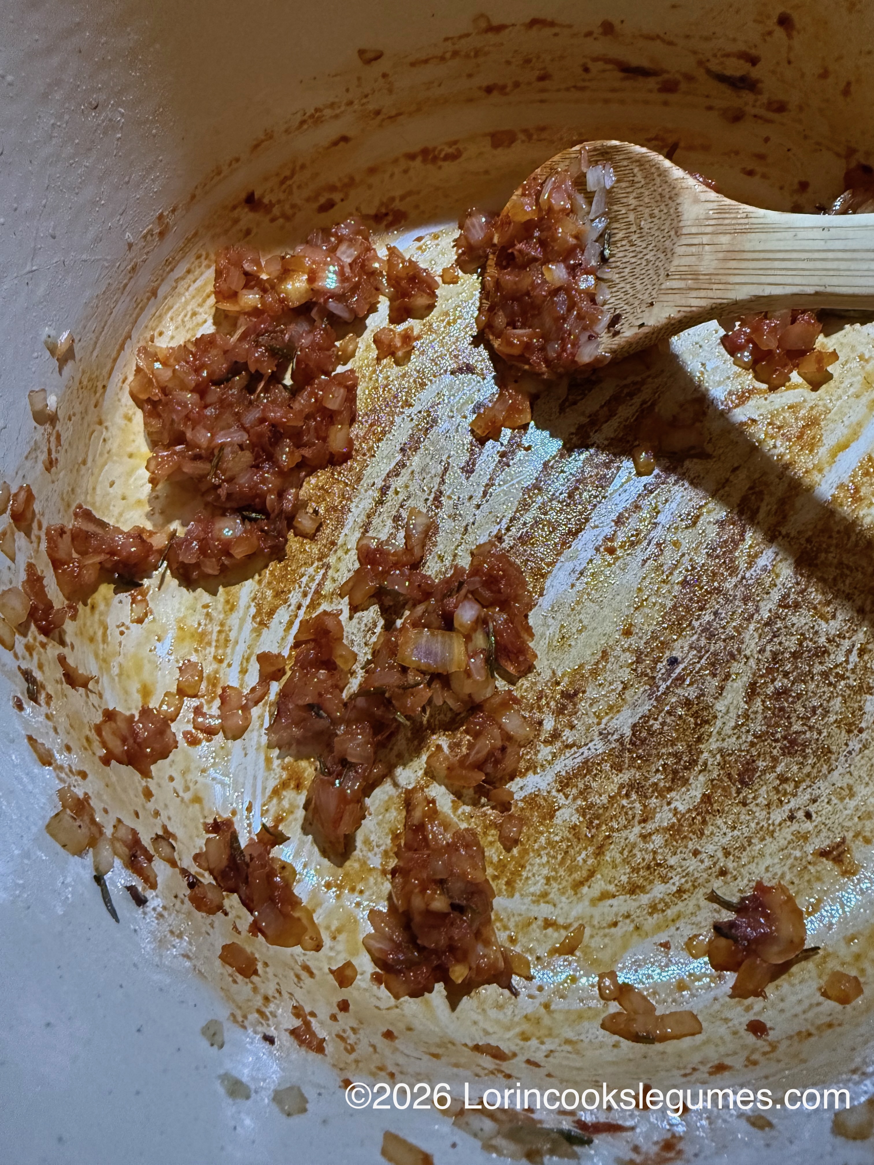 IMG_0220 Close up of a mixture of diced onion and tomato paste cooking in a pot.