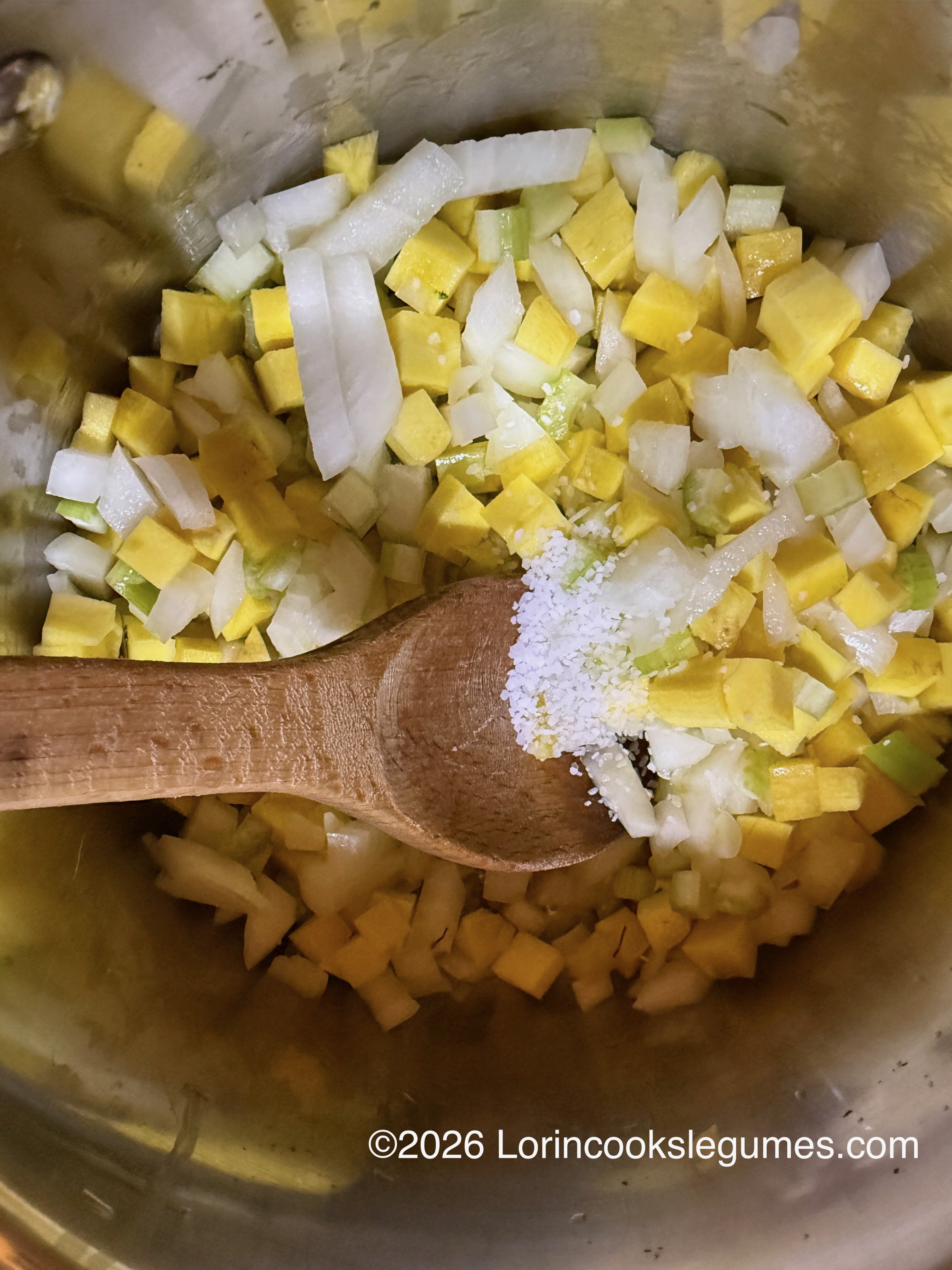 IMG_0267 Diced yellow. white, and green vegetables in a pot with a wooden spoon and a pinch of salt; ©2026 Lorincookslegumes.com