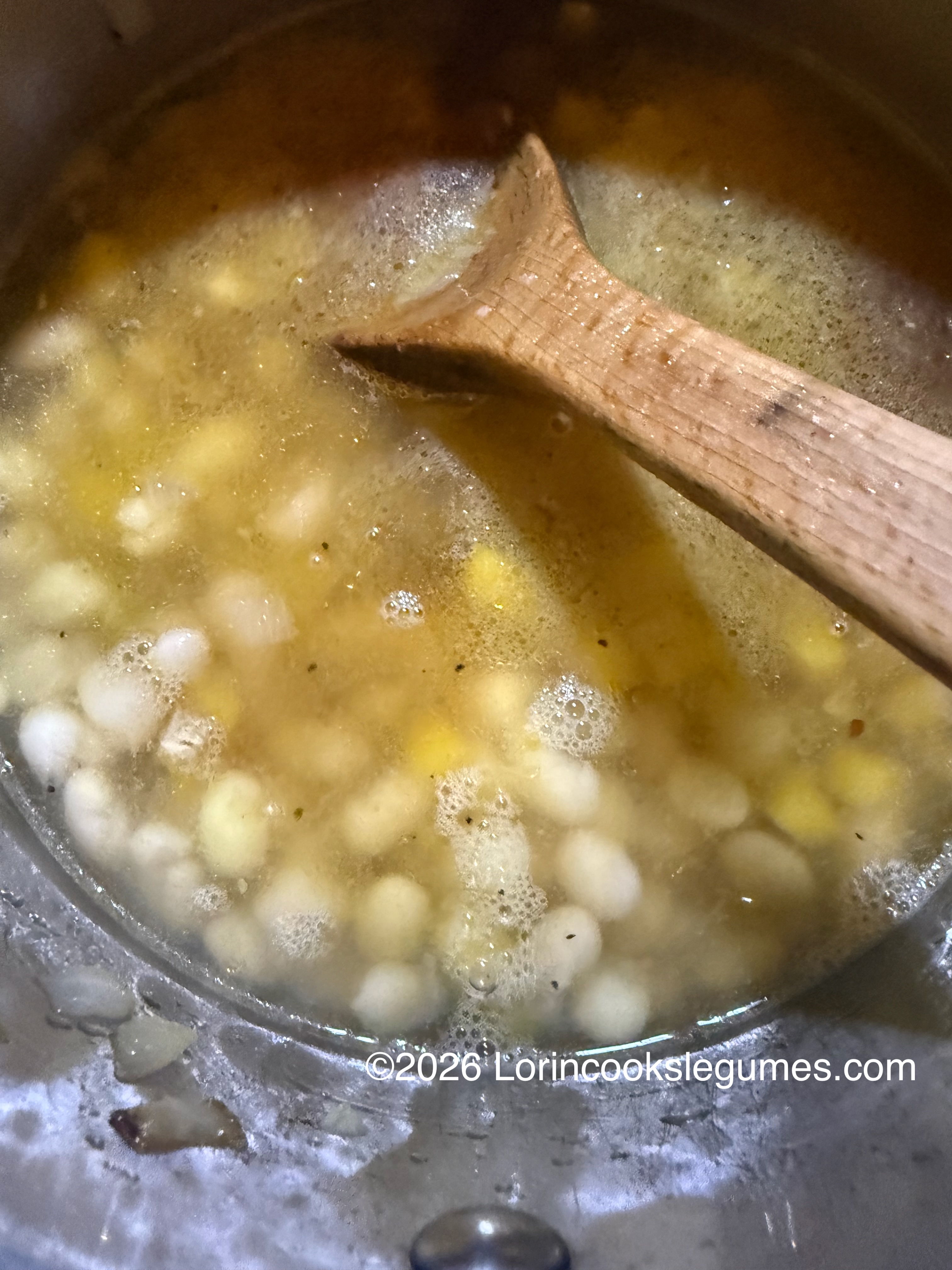 IMG_0271 Close-up of a pot of white beans in golden-brown broth.